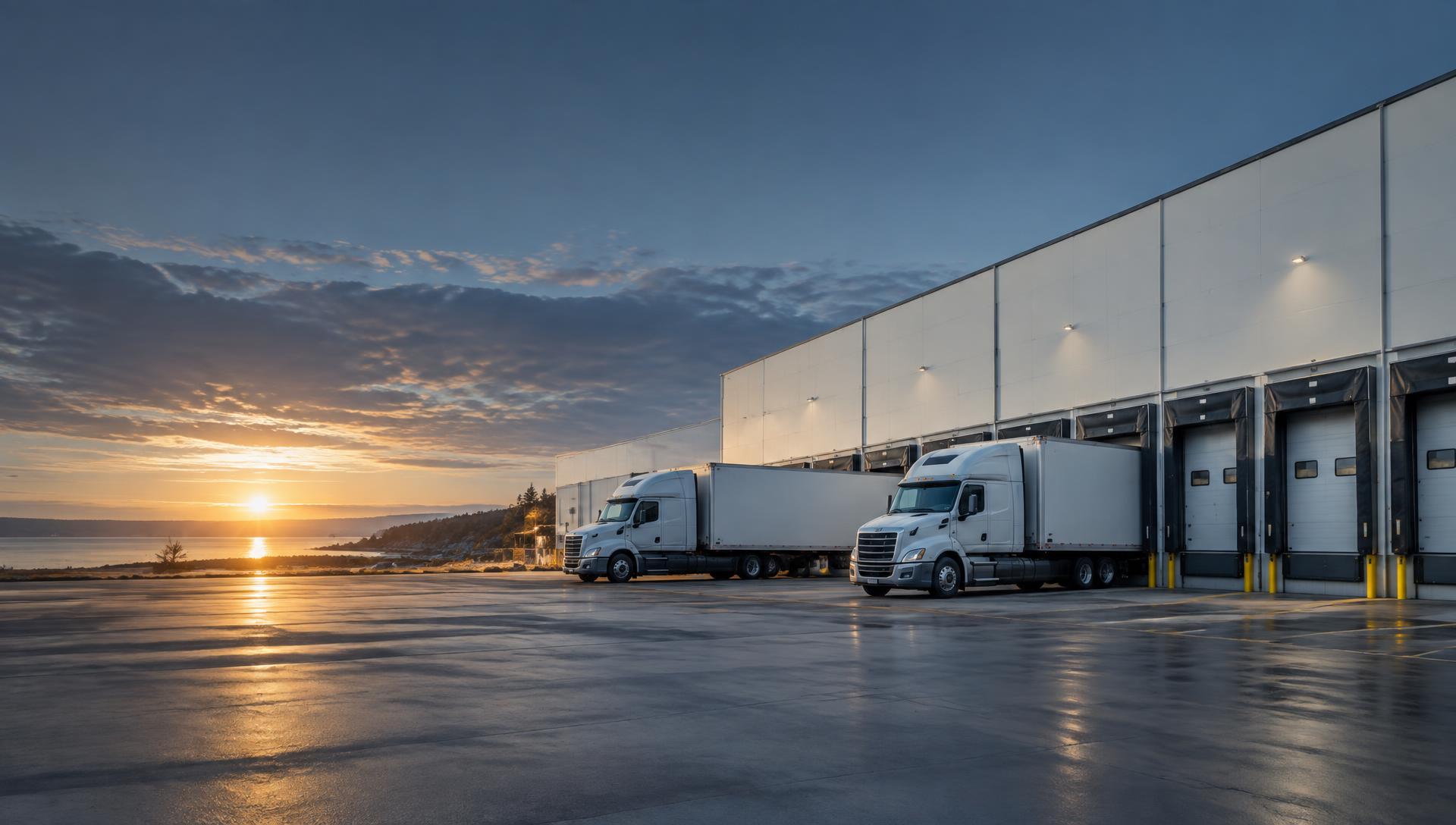 Modern East Coast warehouse with trucks at loading docks